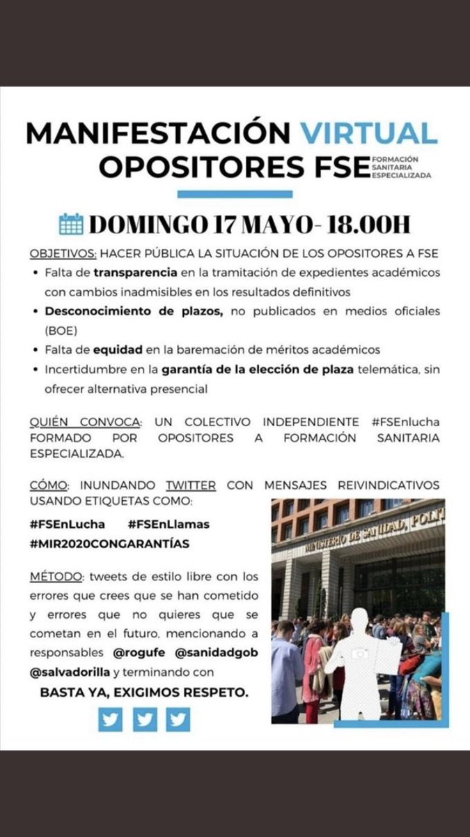 ⚠️ Por una elección JUSTA ⚠️ Opción presencial. Comunicación real de fuentes oficiales. No estudiamos 6 años + 1 de oposición, como poco, para que se rían en nuestra cara. No me aplaudas ÚNETE. 💪🏻💪🏻
#FSEstalla #FSEnfurcida #EstoyAquIR #MIR2020conGARANTIAS 
#MIR2020 #2MIR2020