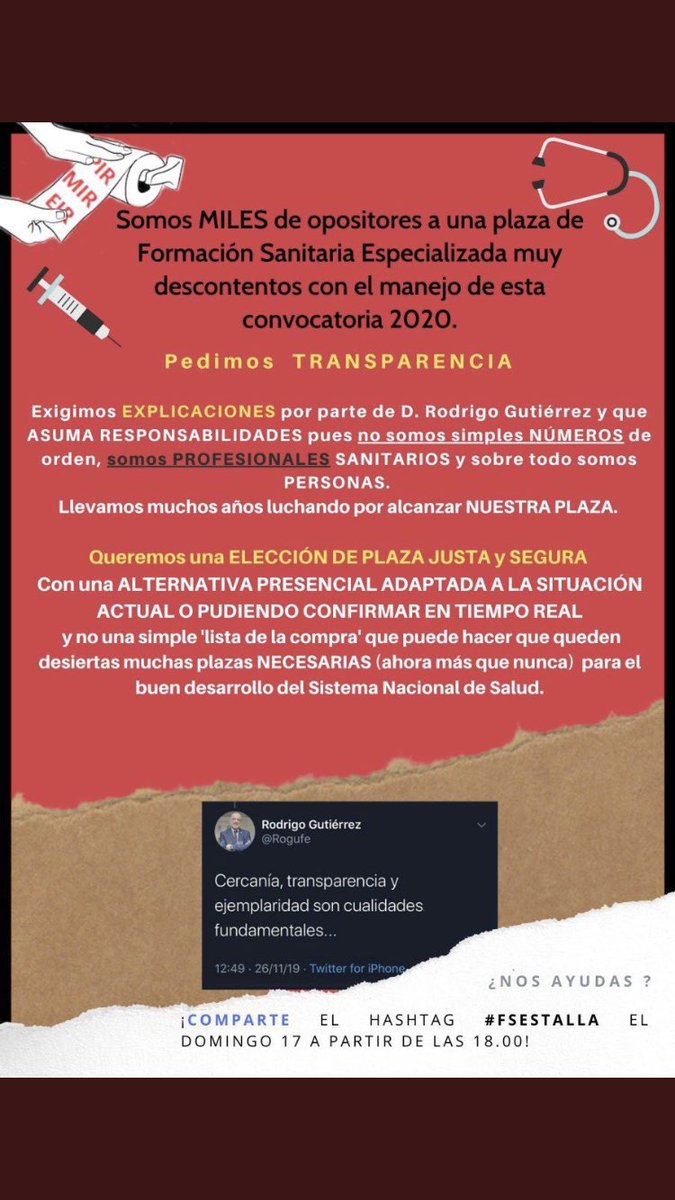 al_covid's tweet photo. ⚠️ Por una elección JUSTA ⚠️ Opción presencial. Comunicación real de fuentes oficiales. No estudiamos 6 años + 1 de oposición, como poco, para que se rían en nuestra cara. No me aplaudas ÚNETE. 💪🏻💪🏻
#FSEstalla #FSEnfurcida #EstoyAquIR #MIR2020conGARANTIAS 
#MIR2020 #2MIR2020 https://t.co/eremgWNXo8