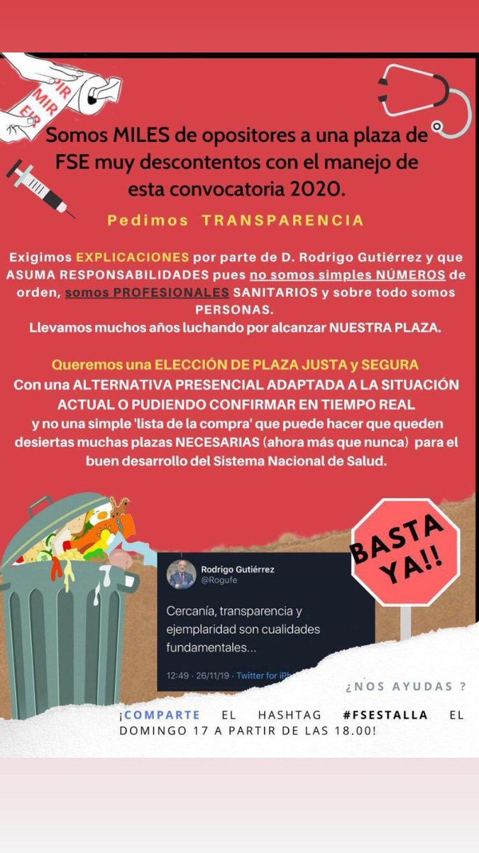 Tras tanto esfuerzo exigimos una elección de plaza con garantías. Ayudadnos a cuidaros

#FSEstalla #FSEnlucha #2MIR20 #Bastaya
<a href="/Rogufe/">Rodrigo Gutiérrez Fernández</a> <a href="/salvadorilla/">Salvador Illa Roca</a> <a href="/sanidadgob/">Ministerio de Sanidad</a> <a href="/sanchezcastejon/">Pedro Sánchez</a>