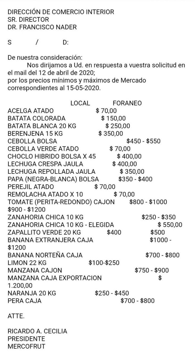 En cumplimiento al requerimiento de la DCI, el Mercofrut informa precios de referencia al 16 de mayo