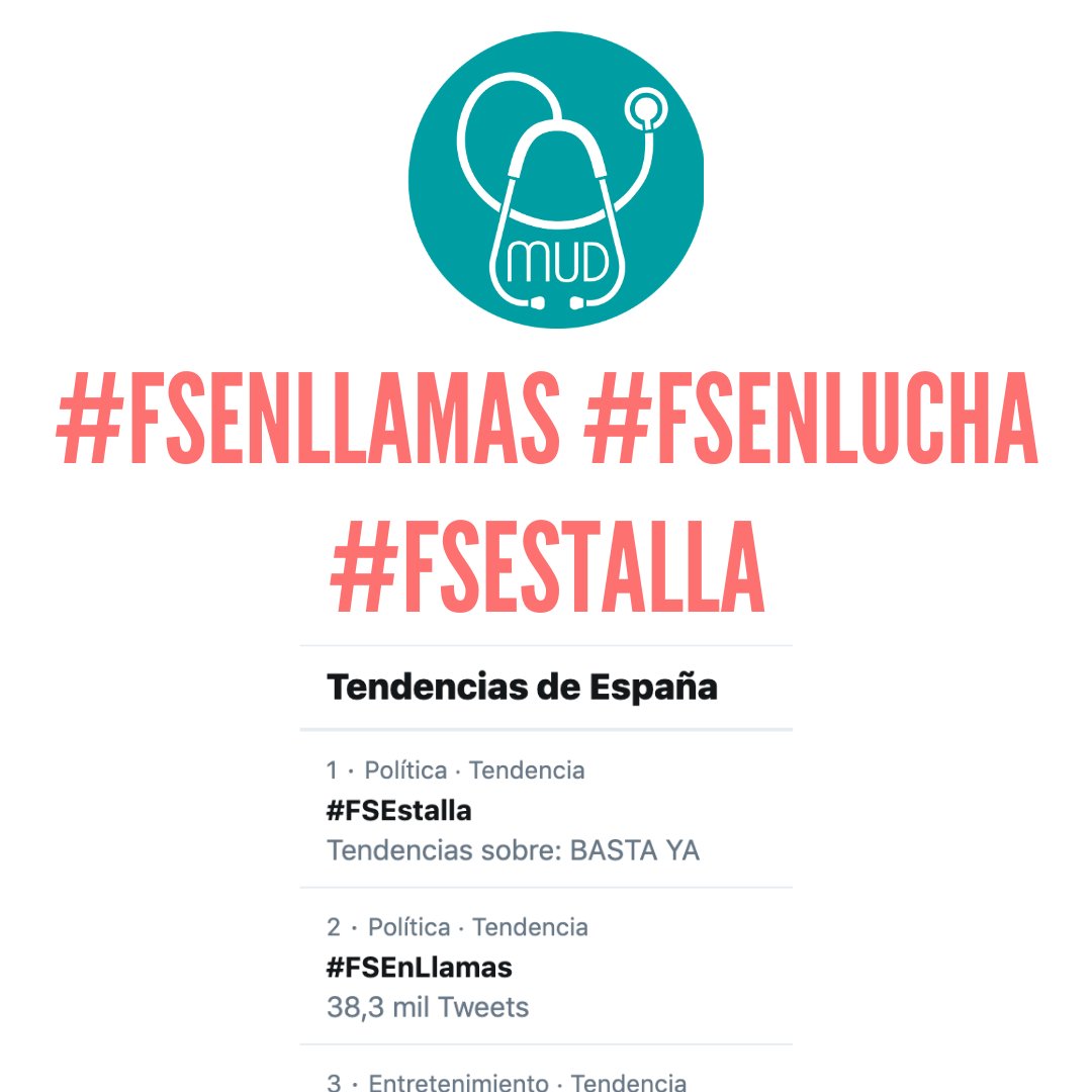 MUDmedicos's tweet photo. 💥@MUDmedicos apoya la MANIFESTACIÓN VIRTUAL y la DIGNIDAD PROFESIONAL de todos los candidatos a FORMACIÓN SANITARIA ESPECIALIZADA! ¡VAMOS TRENDING TOPIC! TT ‼️✊🏼🩺 RT ‼️
#MIR2020conGARANTÍAS #MUDMEDICOS #FSEstalla #FSEnlucha #FSEnllamas #LaVozdelaUniónMédica https://t.co/akrQfMNIN1