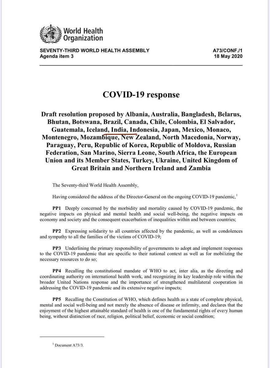 Palki Sharma A Copy Of The Draft Which Will Be Adopted At The World Health Assembly Starting Tomorrow That Calls For An Impartial Independent And Comprehensive Probe Into The Coronavirus