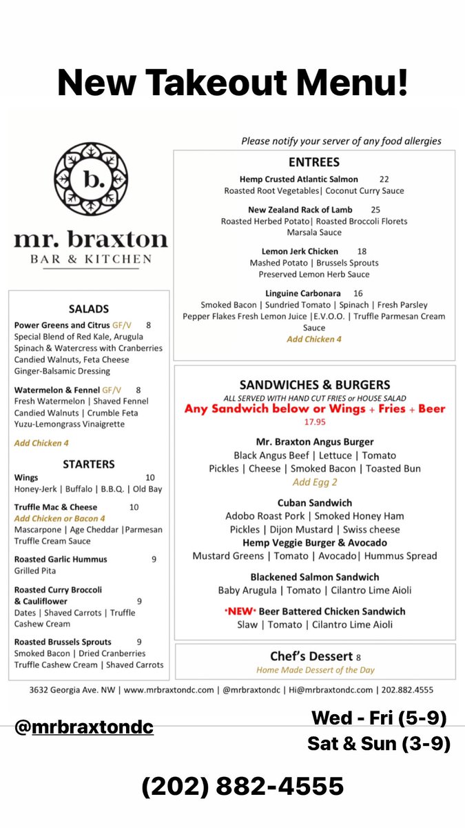 mrbraxtondc's tweet photo. OUR NEW🥘TAKEOUT💨MENU!!☎️(202) 882-4555☎️ #DCTakeOut #BottomlessBrunch #MrBraxtonDC #ParkviewDC #PetworthDC #SistersThatBrunch #DCFoodPorn #DCFood #DCBrunch #DC #DCdinner #PetworthMetro #DCHappyHour #HTTR #Redskins #DCMondayNightFootball #WashingtonDC #DCbar #DCRestaurant https://t.co/cHhSPqkMJB