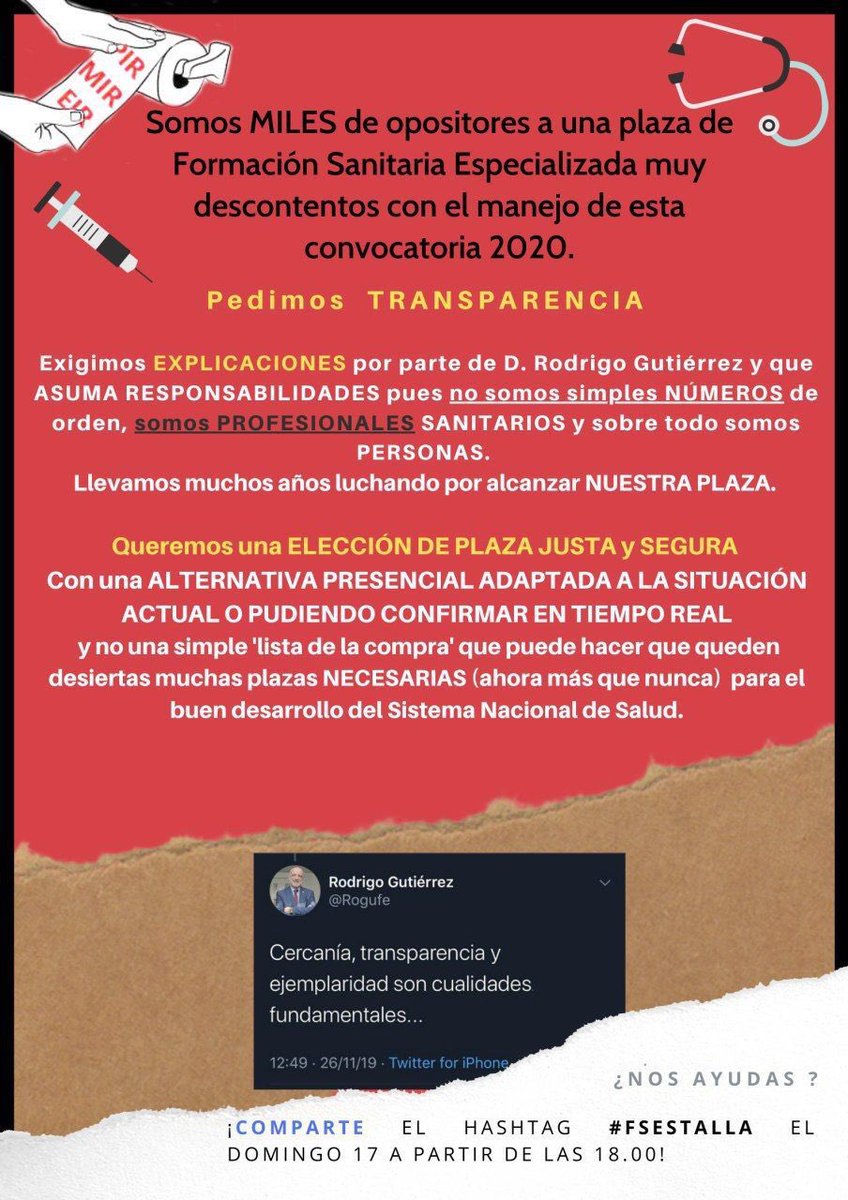 MILES DE PERSONAS PIDEN TRANSPARENCIA, EXPLICACIONES Y GARANTÍAS. ES LO MÍNIMO QUE MERECEN DESPUÉS DE AÑOS Y AÑOS PREPARÁNDOSE Y FORMÁNDOSE
#FSEnLlamas #fseenlucha #MIR2020 #fsestalla #MIR2020CONGARANTÍAS