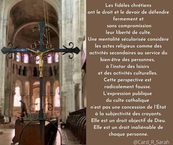 Card_R_Sarah's tweet photo. Les fidèles chrétiens ont le droit et le devoir de défendre fermement et sans compromission leur liberté de culte. Une mentalité sécularisée considère les actes religieux comme des activités secondaires au service du bien-être des personnes.
https://t.co/dgCEVTeJay https://t.co/q1iX3Ms2Hi