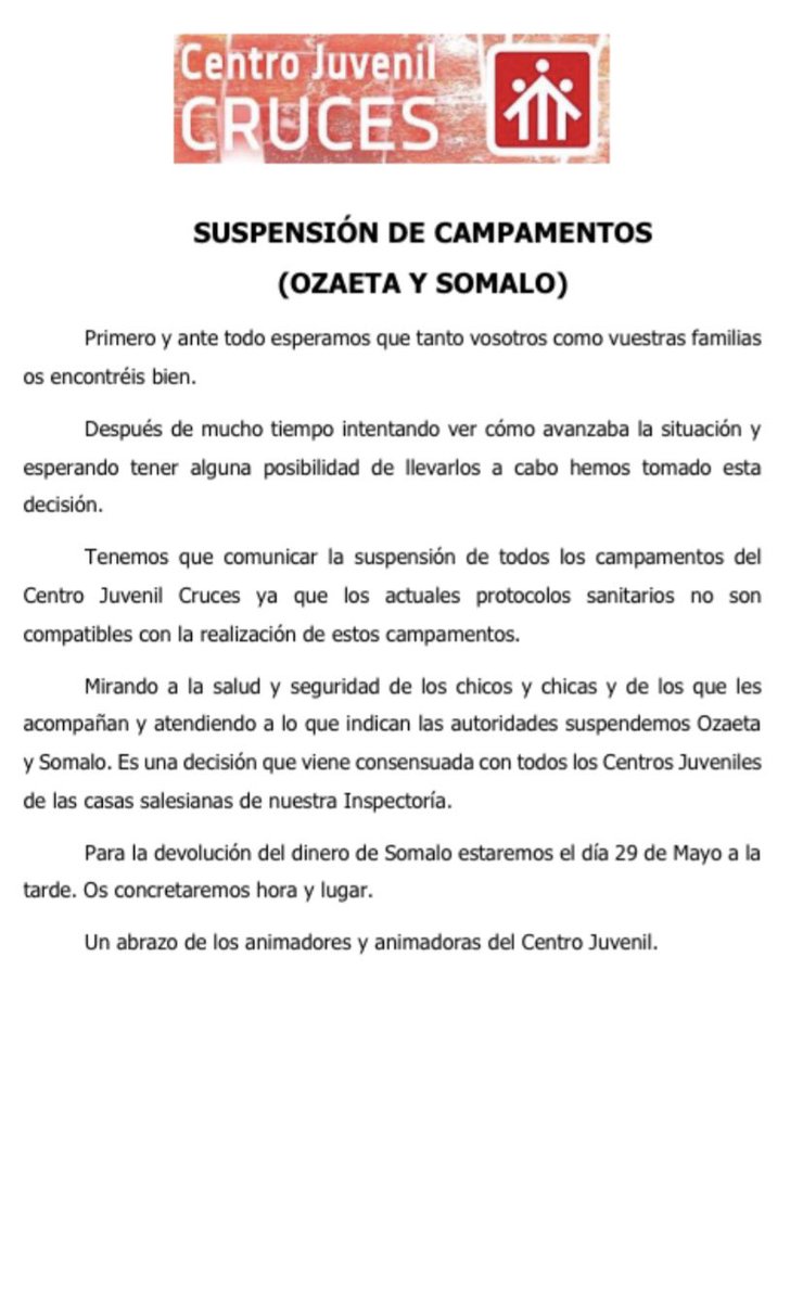 atopecruces's tweet photo. Comunicado oficial del Centro Juvenil de Cruces. Mucho ánimo y cuidáos!!!💪🏼 https://t.co/pOroFzvFZI