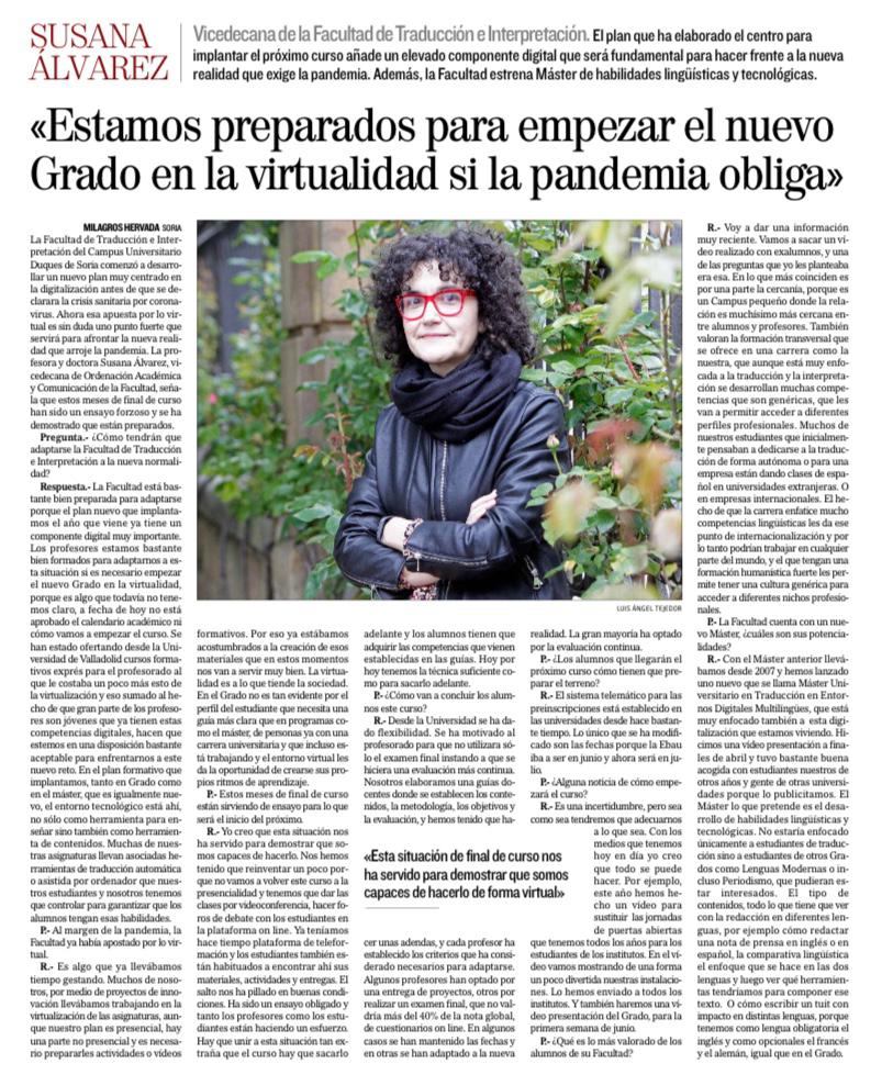 Facultad de Traducción e Interpretación UVa (@facultadteiuva) on Twitter photo Hoy, la Vicedecana de Ordenación Académica y Comunicación de la <a href="/FacultadTeIUVa/">Facultad de Traducción e Interpretación UVa</a> del <a href="/CampusdeSoria/">Campus de Soria</a> de la <a href="/UVa_es/">Gabinete de Comunicación Universidad de Valladolid</a> habla en @heraldosoria del nuevo Grado en Traducción e Interpretación. La virtualización ha llegado para quedarse. #MultiLanguages #t9n #l10n #docenciaonline Hoy, la Vicedecana de Ordenación Académica y Comunicación de la <a href="/FacultadTeIUVa/">Facultad de Traducción e Interpretación UVa</a> del <a href="/CampusdeSoria/">Campus de Soria</a> de la <a href="/UVa_es/">Gabinete de Comunicación Universidad de Valladolid</a> habla en @heraldosoria del nuevo Grado en Traducción e Interpretación. La virtualización ha llegado para quedarse. #MultiLanguages #t9n #l10n #docenciaonline