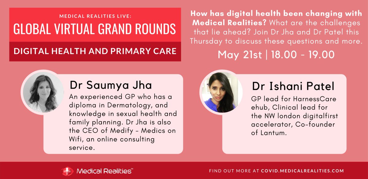 Medical Realities (@medrealities) on Twitter photo Join <a href="/drishanipatel/">🌟 Dr Ishani Patel</a> & <a href="/DrSaumyaJha/">Dr Saumya Jha</a> for #GlobalVirtualGrandRounds on Thurs 21st May @ 6pm for a discussion around #DigitalHealth & #PrimaryCare
#CovidMedEd #MedTwitter
Sign up for FREE: bit.ly/35TmoTv Join <a href="/drishanipatel/">🌟 Dr Ishani Patel</a> & <a href="/DrSaumyaJha/">Dr Saumya Jha</a> for #GlobalVirtualGrandRounds on Thurs 21st May @ 6pm for a discussion around #DigitalHealth & #PrimaryCare
#CovidMedEd #MedTwitter
Sign up for FREE: bit.ly/35TmoTv