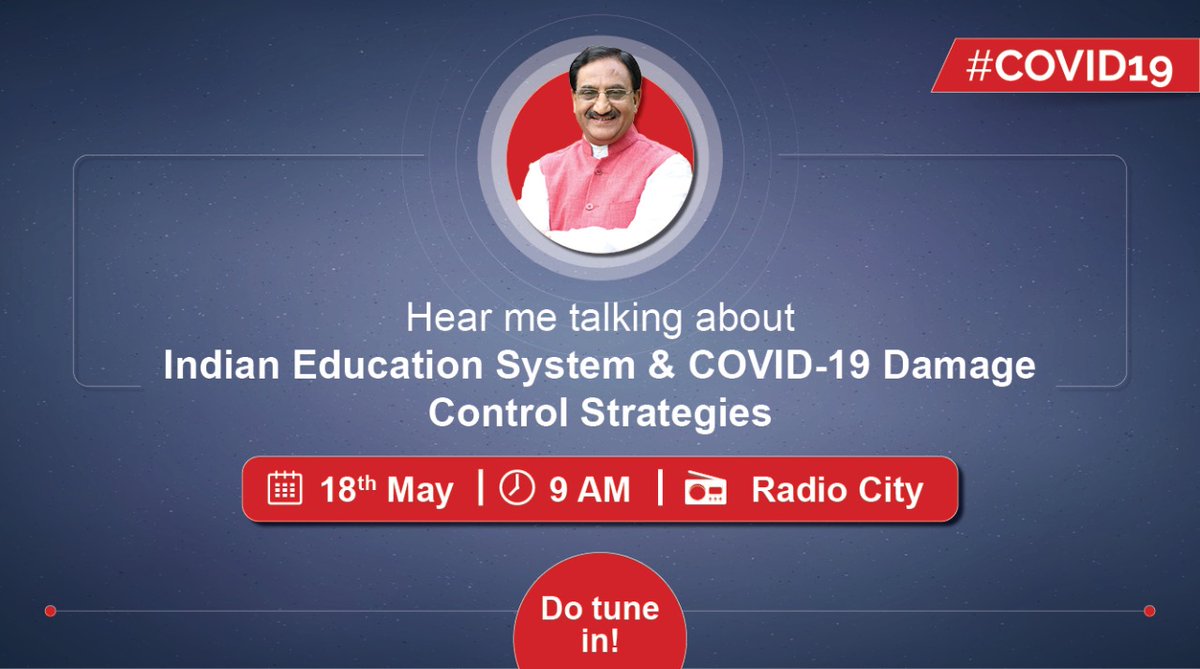 DrRPNishank's tweet photo. Will be talking to @radiocityindia about Indian Education System and #COVID19 Damage Control Strategies.
Join me on 18th May at 9 AM! https://t.co/SuROLkrUP2