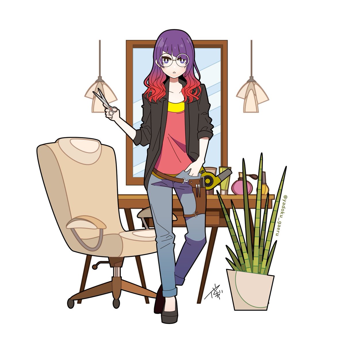 scissors 1girl solo glasses purple hair pants red shirt  illustration images