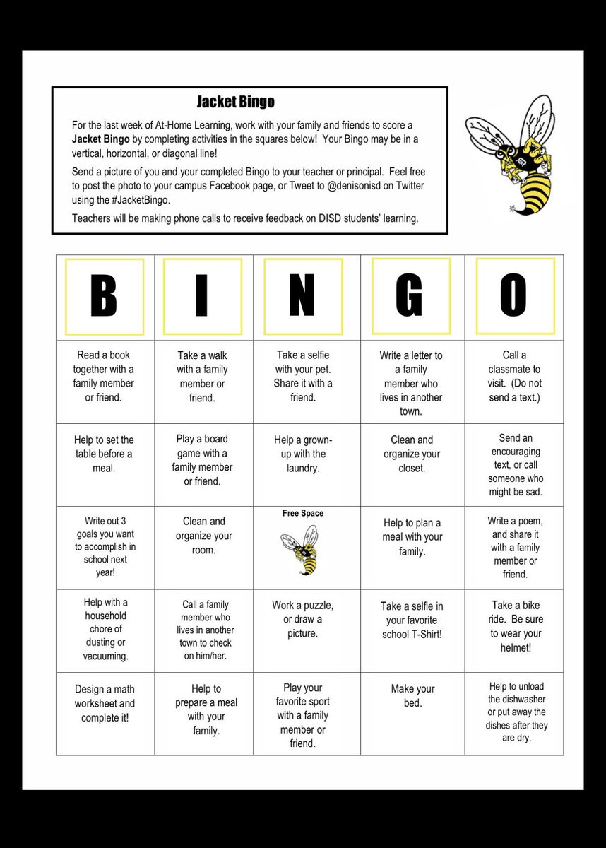 denisonisd's tweet photo. 𝐉𝐚𝐜𝐤𝐞𝐭 𝐁𝐢𝐧𝐠𝐨...Join in the FUN! This week, DISD students will be playing #JacketBingo! Send a pic of your completed Bingo to your principal/teacher. Post it on your campus Facebook page. Tweet it! Be sure to tag @denisonisd and use the #JacketBingo! https://t.co/rRlrmVudjv
