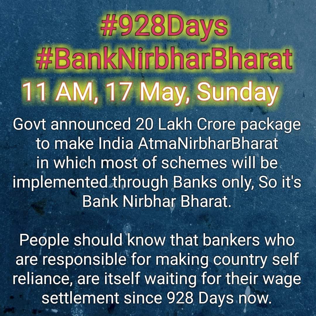 Sandeep43347165's tweet photo. #928Days
#BankNirbharBharat
#BankNirbharBharat where Bankers wage settlement is due since #928Days
India should know that bankers, who are responsible to make country self reliance,are waiting for their wage settlement since #928days

@DFS_India
@RBI @FinMinIndia
@idesibanda https://t.co/6f404j8LC4