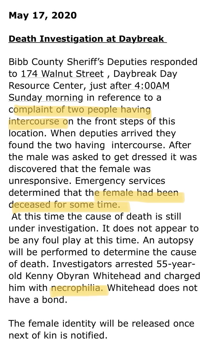Fox5Kaitlyn's tweet photo. YOU CANNOT MAKE SOME THINGS UP
Bibb Co man charged with NECROPHILIA ... for having sex with a dead woman ... in public.
#Georgia #Macon #whyGeorgiawhy https://t.co/ImFjNYMlVJ