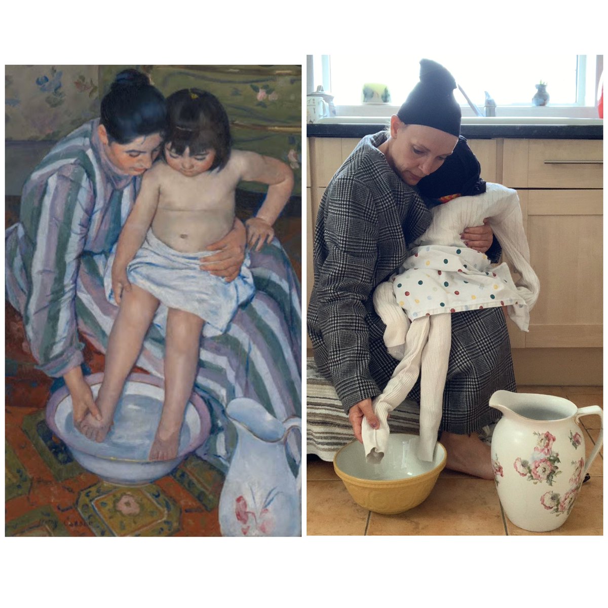Day 40...40!! of the #betweenartandquarantine #tussenkunstenquarantine and Liz picked a corker 😂😂

Mary Cassatt’ s The Child’s Bath - I’ve looked her up and I really like her paintings! Listen to me getting all arty! 😂

New levels with tights hair 😳