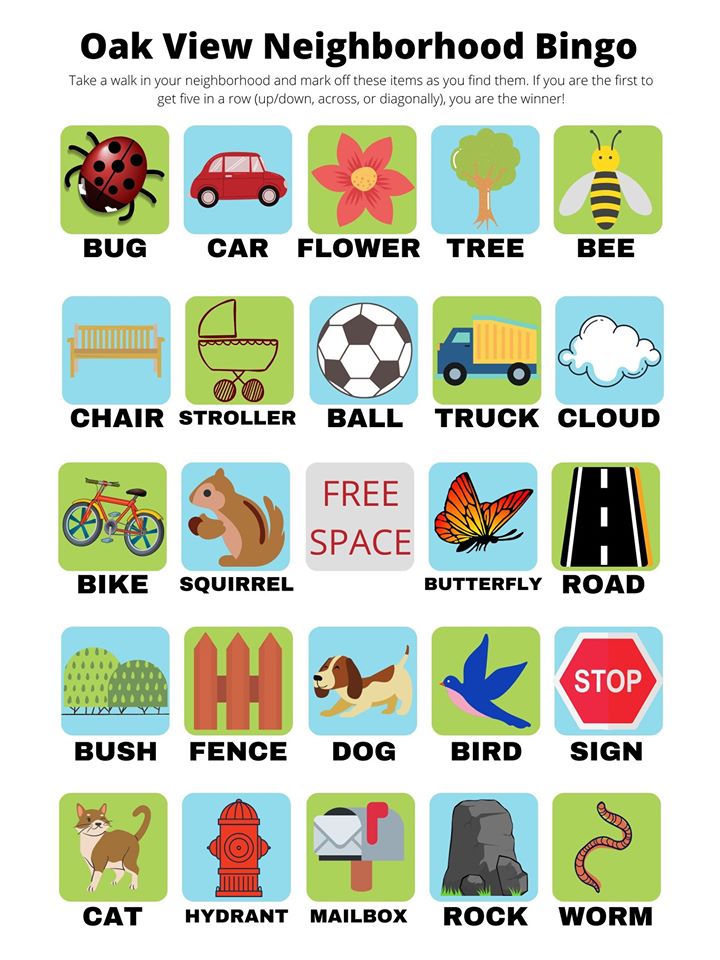 WakeGovParks's tweet photo. Today is a great day to play Oak View Neighborhood Bingo! Print your sheets and take a family walk in your neighborhood. Have the kids mark off these items as they find them. The first to get five in a row (up/down, across, or diagonally) is the winner! #HistoricOakViewFromHome https://t.co/Tq1w2CelDg