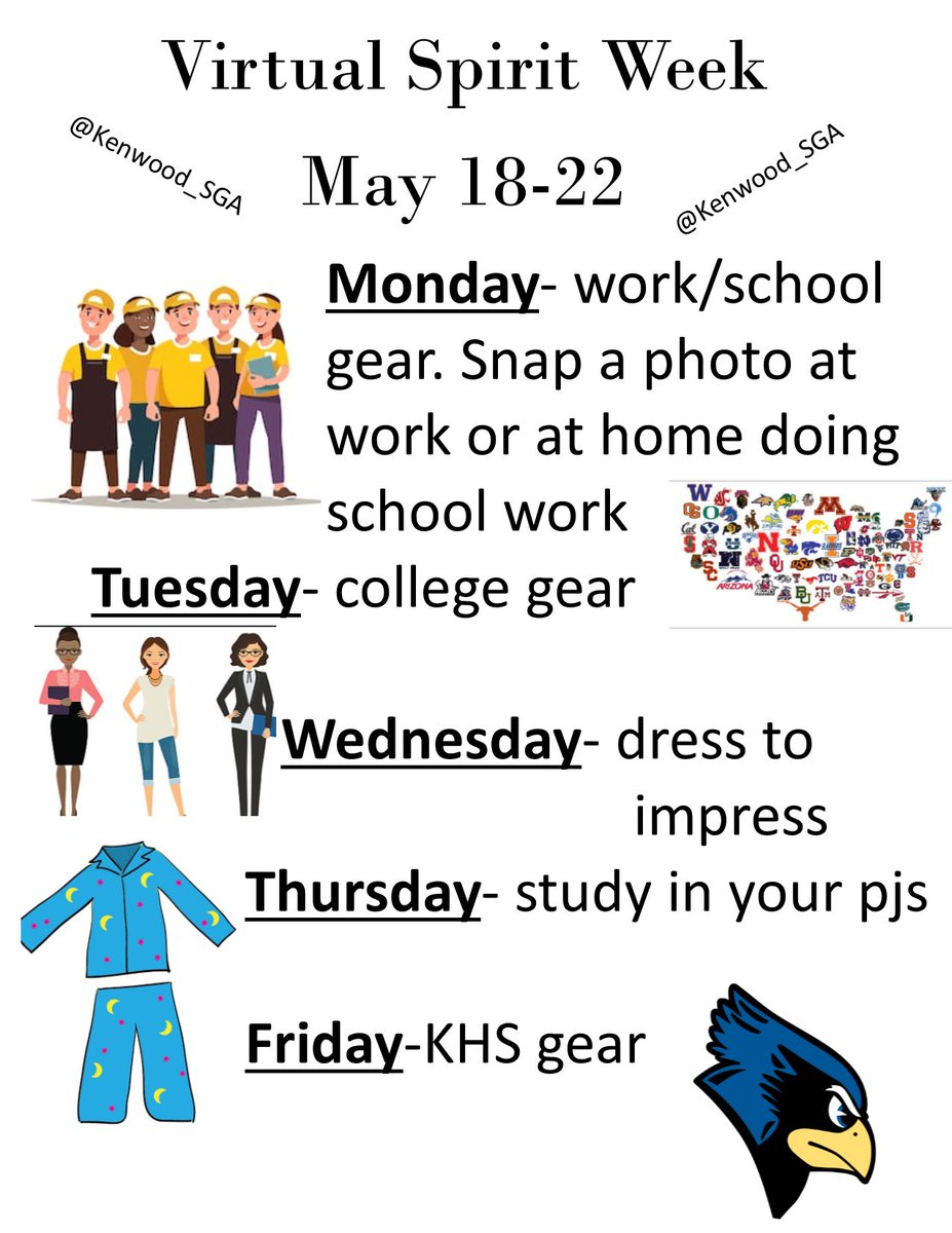 Kenwood_SGA's tweet photo. This week's spirit week is all about work and school. Be sure to tag us in your posts. 😃 @TheBluebirdEye @BPowell_BCPS https://t.co/U1vz8ZT0QI