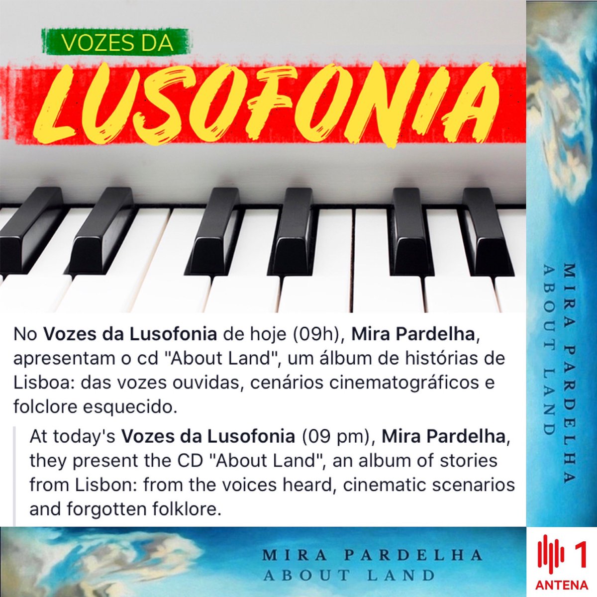 No Vozes da Lusofonia de hoje (09h), Mira Pardelha, apresentam o cd "About Land", um álbum de histórias de Lisboa: das vozes ouvidas, cenários cinematográficos e folclore esquecido. <a href="/antena1rtp/">Antena1, RTP</a> 
#interview #vozesdalusofonia #newmusic #newrelease #newalbum #music #collective