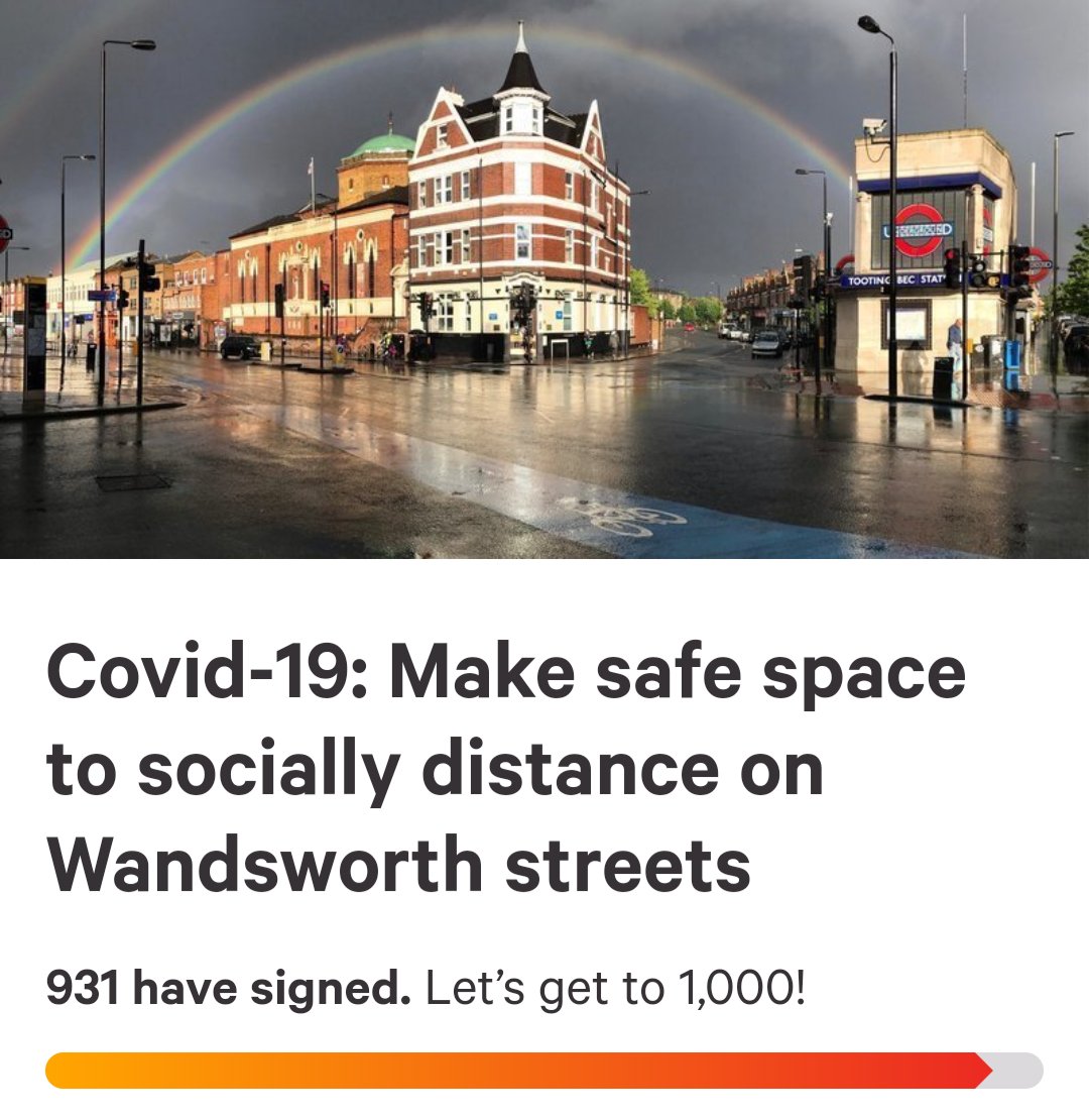 Tooting Healthy Streets (@healthytooting) on Twitter photo 🙋We are closing our petition tonight and need 69 more signatures to reach 1,000 ✍️
Will you join our call to <a href="/wandbc/">Wandsworth Council</a> and <a href="/TfL/">TfL</a> for space on our streets for social distancing and safe🚶 and 🚲?
change.org/Wandsworth 🙋We are closing our petition tonight and need 69 more signatures to reach 1,000 ✍️
Will you join our call to <a href="/wandbc/">Wandsworth Council</a> and <a href="/TfL/">TfL</a> for space on our streets for social distancing and safe🚶 and 🚲?
change.org/Wandsworth
