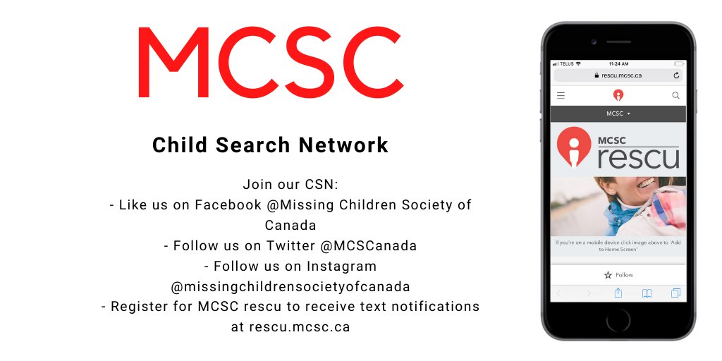 MCSCanada's tweet photo. Most cases of abducted or #missing children do not fall under the #AMBERAlert criteria, but police still need a connection with Canadian communities. It's at that time police ask MCSC to create a #ChildSearchAlert which is broadcast throughout the MCSC Child Search Network. https://t.co/rjuYBrL62I