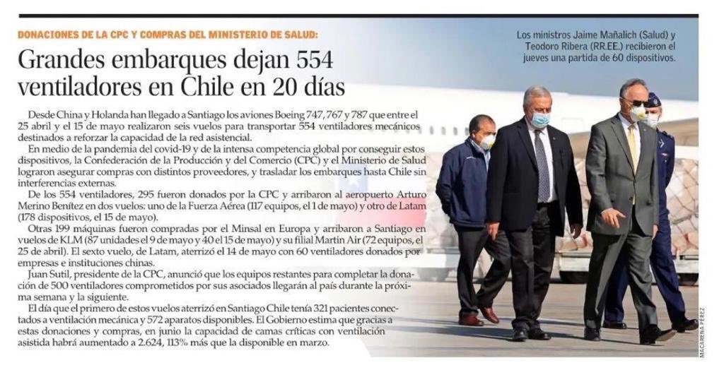 Ya son 295 los ventiladores que las empresas y empresarios hemos traído  a Chile para colaborar con la emergencia sanitaria. Las próximas semanas llegarán otros 205, para completar los 500 respiradores con que nos hemos comprometido con todos los chilenos. #SiEMPREPORCHILE