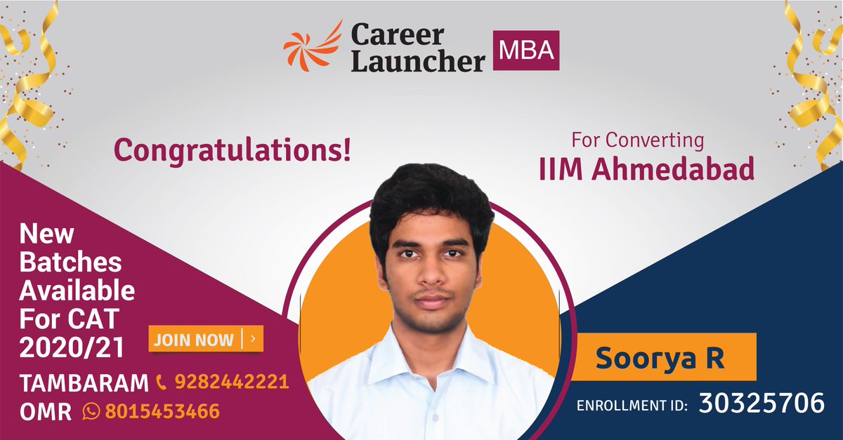 ajayzener's tweet photo. Congratulations Soorya R for converting IIM Ahmedabad. Career Launcher Tambaram & OMR wishes you an enjoyable MBA journey and a great career ahead.
#CAT2020 #CLOMR #CLTambaram #CL4CAT
#ajayzener #iimahmedabad https://t.co/KBsulcXjGo