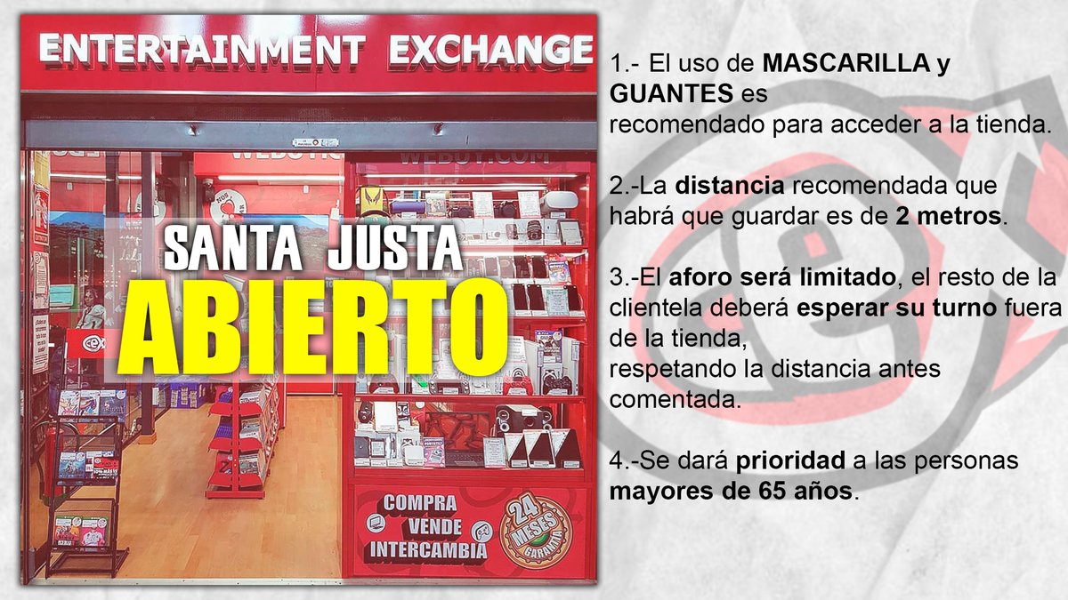 CexSantaJusta's tweet photo. ⚠¡¡REAPERTURA!!⚠ 

Cex Santa Justa vuelve a abrir sus puertas al público. 

🕒HORARIO ESPECIAL 
👉De Lunes a Viernes de: 10:00h a 15:30h. 

⬇⬇Más información en la Imagen⬇⬇ https://t.co/20mBDbGoRV
