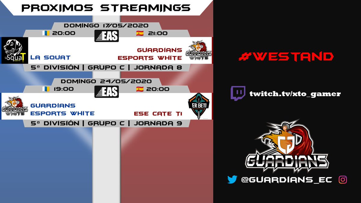 Guardians_EC's tweet photo. 📢 ¡ 8ª Jornada de la @EASspain !

@SquatLa 🆚 @Guardians_EC White

🏆 @CasterSnap
🏆 @iv_lemon
🏆 @EguibarGillen
🏆 #Tana_uzu
🏆 #Knify 
🏆 @RDisruptor

🖥Stay tuned: https://t.co/b7VYnFy5Zs
19:00 🇮🇨 / 20:00 🇪🇸

#westand #LeagueOfLegends https://t.co/HeYnLld18y