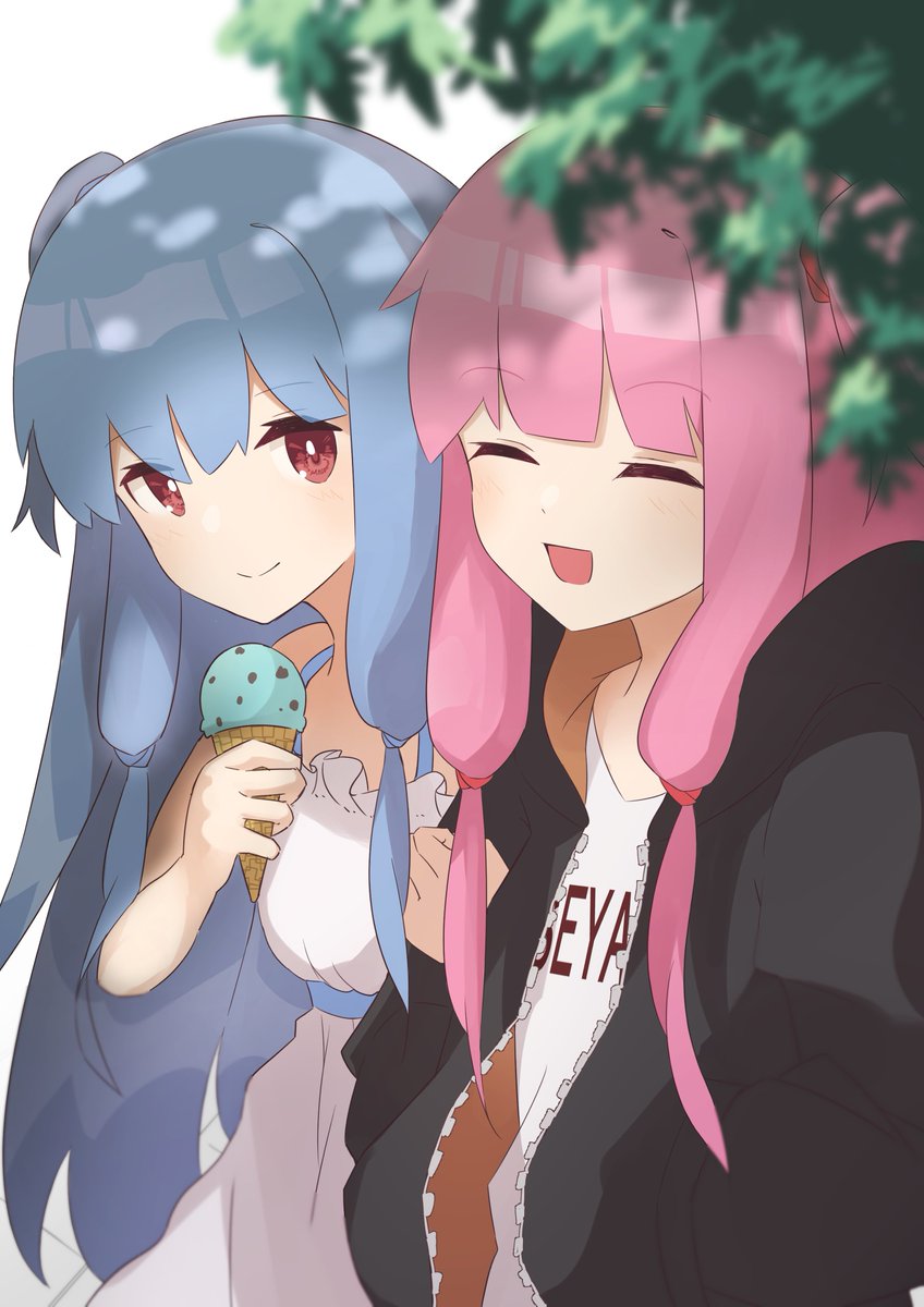 kotonoha akane ,kotonoha aoi multiple girls 2girls pink hair food blue hair smile ice cream  illustration images