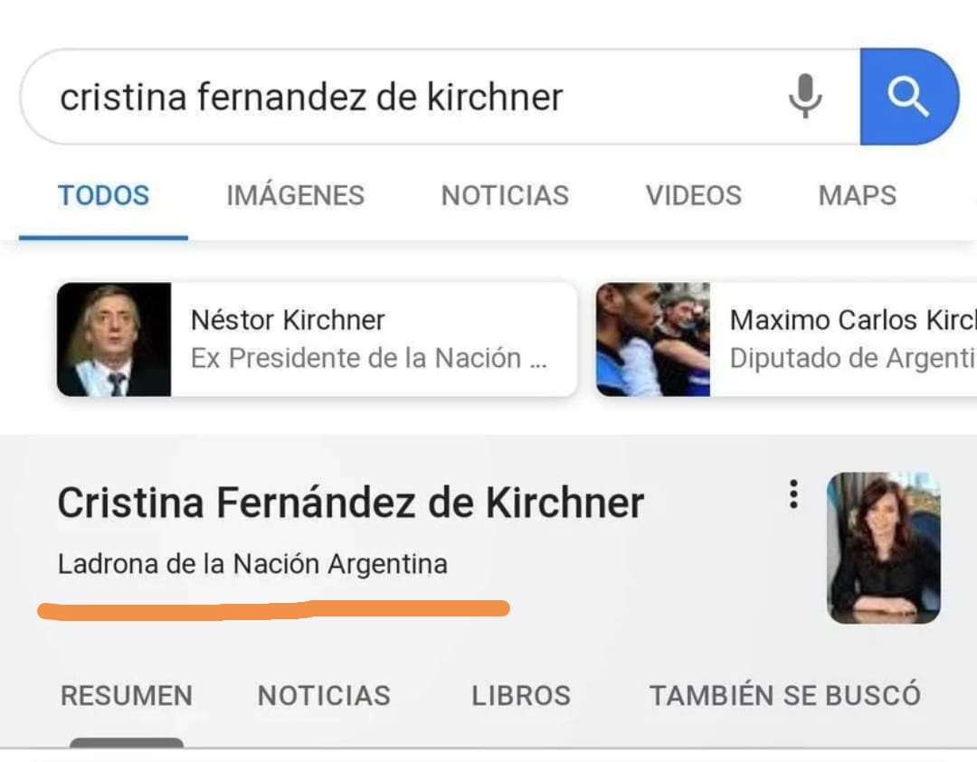MarianoQuiroga1's tweet photo. Vieron que si googlean a CFK, sale catalogada como "ladrona de la Nación Argentina"? Hay más justicia en Google que en Comodoro Py.
#LadronaDeLaNacionArgentina https://t.co/YwD1t666b4