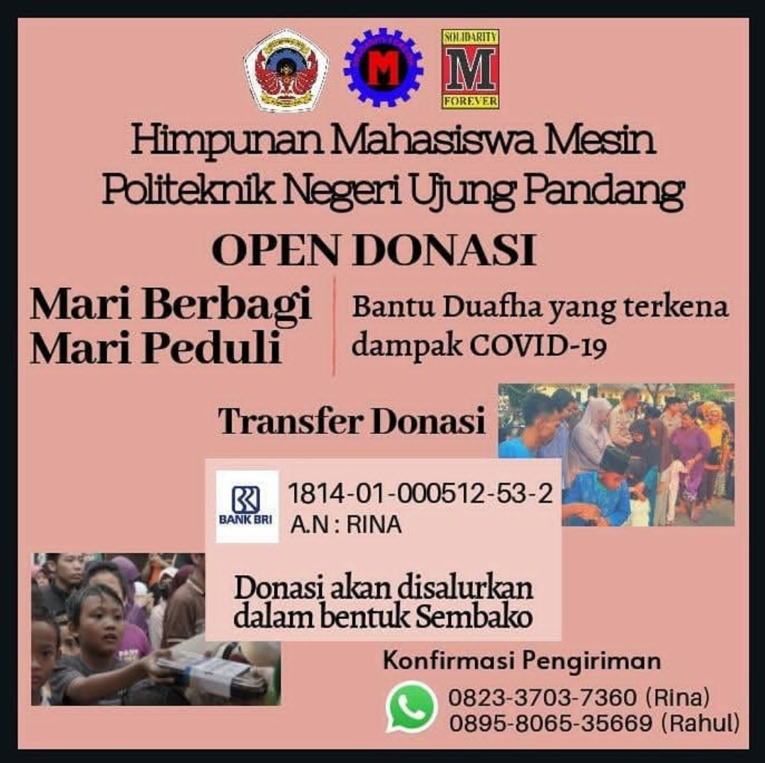 Assalamu alaikum.
Selamat Malam.
Salam Sejahterah untuk kita semua. 
Berapapun yang kita donasikan semoga bermanfaat bagi Duafha yang terdampak Covid-19.
#Salamsolidarityforever
#TeknikMesinPnup
#TeknikMesinIndonesia