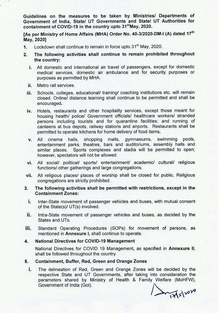 PIBHomeAffairs's tweet photo. MHA issues order to further extend #lockdownindia till 31.05.2020, to fight #COVID19
New guidelines have permitted considerable relaxations in #Lockdown4 restrictions. States to decide various zones, taking into consideration parameters shared by @MoHFW_INDIA

#IndiaFightsCOVID19 https://t.co/AeMHvowaaH