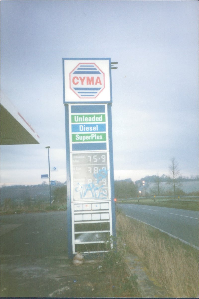 Day 147 of  #petrolstationsCYMA, between Baldock and Royston, 2001  https://www.flickr.com/photos/danlockton/16256517945/  https://www.flickr.com/photos/danlockton/16230613806/A bit of a decaying landmark along the A505 with its "24 Hours" lettering fading, this was already abandoned by 2001. CYMA Petroleum is now in aviation fuel.