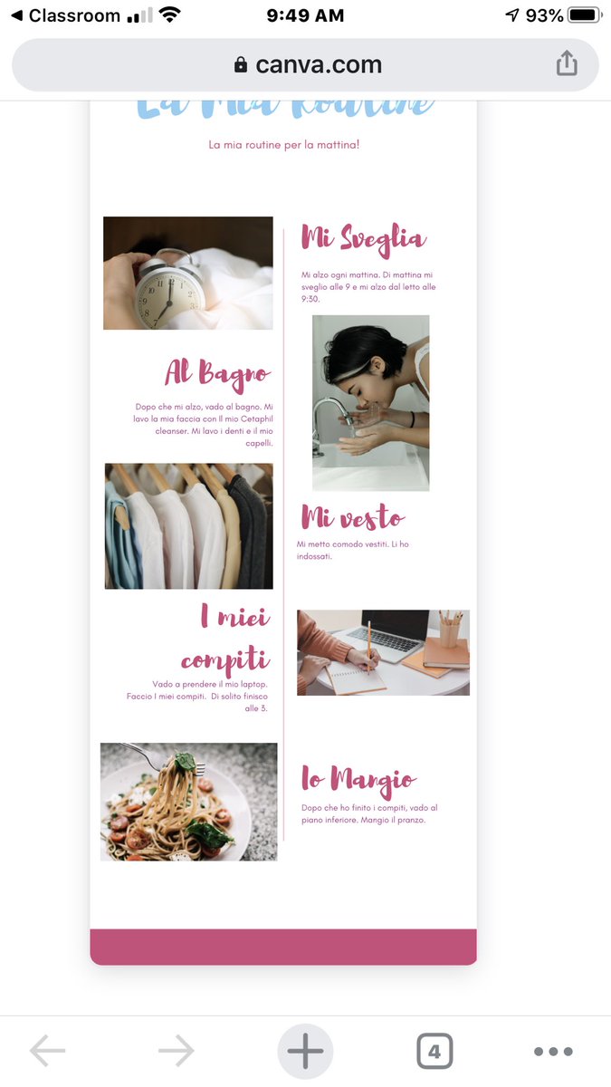 ProfZoino's tweet photo. Thanks to my Italian colleagues of Twitter I’ve found new fascination with @canva Italian 8 student work on reflexive verbs and daily routines #teachersofTwitter #collaboration https://t.co/CufZOrEwKW