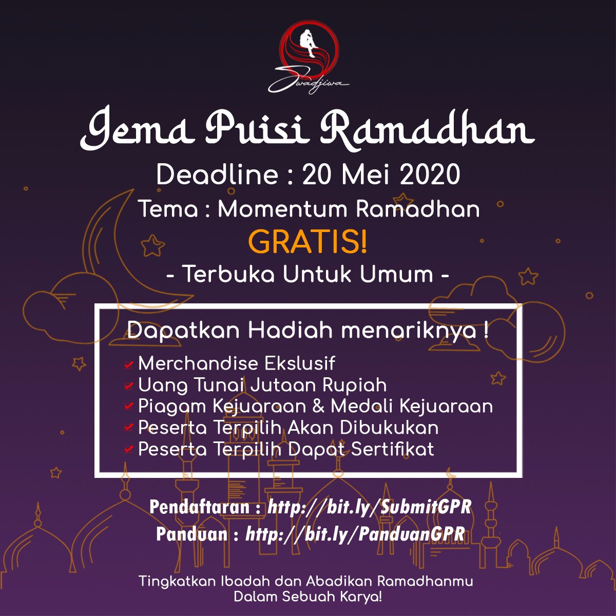 Yundaadwi's tweet photo. Yuk Sobat Sejiwa!
kita ungkapkan segala rasa yang terjadi disetiap momentum ramadhan ke dalam sebuah bentuk puisi. Mari kita tingkatkan ibadah dan abadikan ramadhan tahun ini ke dalam sebuah karya.

Salam Ramadhan 

@iriantika9 @HanaNasia @latus_12 @97_indri @SetyafannyS https://t.co/M6tJycV842