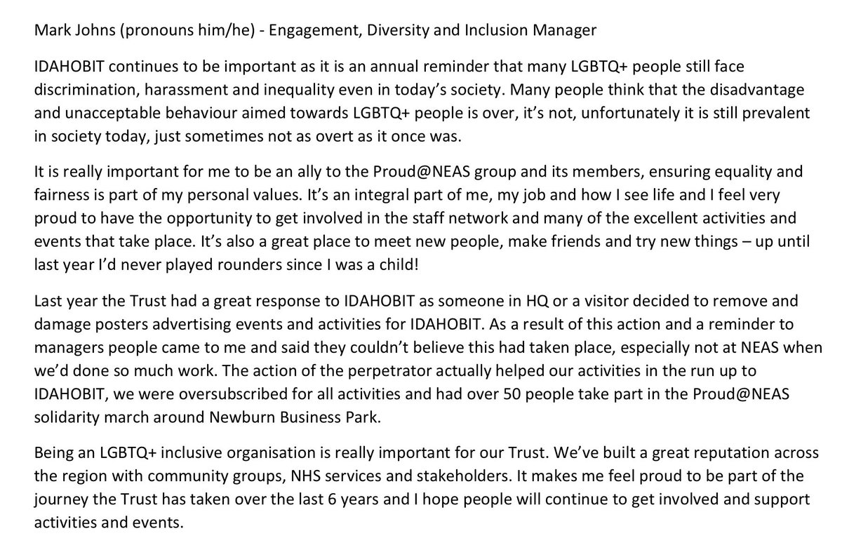EDI Manager <a href="/NEAmbulance/">Not North East Ambulance Service</a> @mjohns2006 (he/him) “IDAHOBIT 2019 posters were vandalised. As a result people couldn’t believe this had happened, especially at NEAS where we have done so much work. It actually helped &amp; 50 people took part in walk of solidarity #IDAHOBIT2020🌈