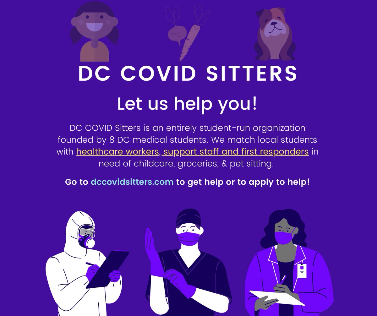 DCCovidSitters's tweet photo. Are you a #DC Area healthcare worker, support staff or first responder in need of childcare, pet sitting or groceries during the #COVID19 pandemic? We can help! Check out our website https://t.co/SaLGlvcSQE to find help! #mutualaid #nursetwitter #medtwitter #MedStudentTwitter https://t.co/Xjo3x7MB05