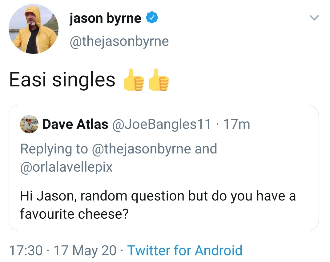 A BIGLY thank you to the funny, smart and wonderful  @thejasonbyrne,  @jameelajamil,  @MaajidNawaz and  @SarahO_Connell for your replies and cheese choices.Maajid, I am a big fan of your writing and debates so added you despite your reply being  #sundayvibes