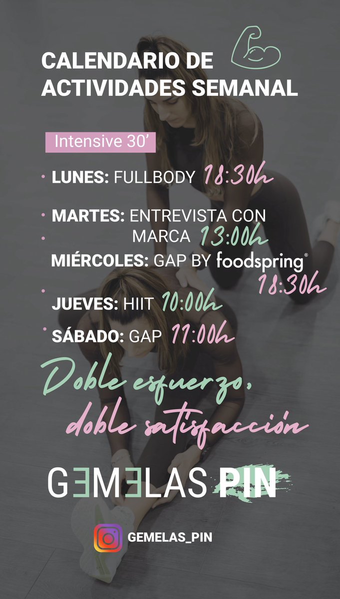 💥💥Aquí os dejamos el horario de la semana, os esperamos a todos 🙌🏾🙌🏾 en nuestro instagram gemelas_pin