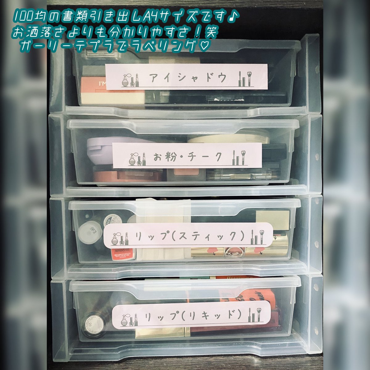 コスメ収納 公開 ご興味を持っていただけるかは不明ですが 載せてみます 笑 ニトリ の小さなカラーボックスに 100均の書類引き出しa4がピッタリ 元々使ってた ダイソー のアクリル引き出しは物量と見合わず棚の上で小物入れにしてます 笑