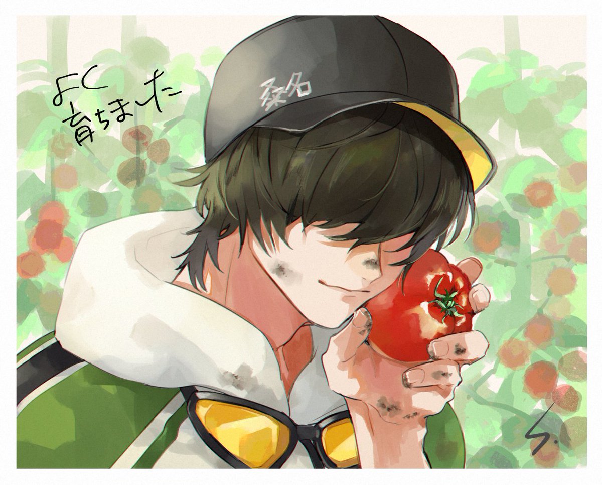 1boy male focus hair over eyes hat tomato goggles around neck solo  illustration images