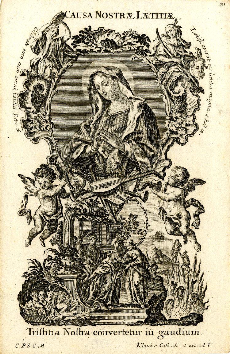 Causa nostrae laetitiae, ora pro nobis.Cause of our joy, pray for us.The Latin inscription reads:Tristitia Nostra convertetur in gaudium"Our sadness will be turned into joy"