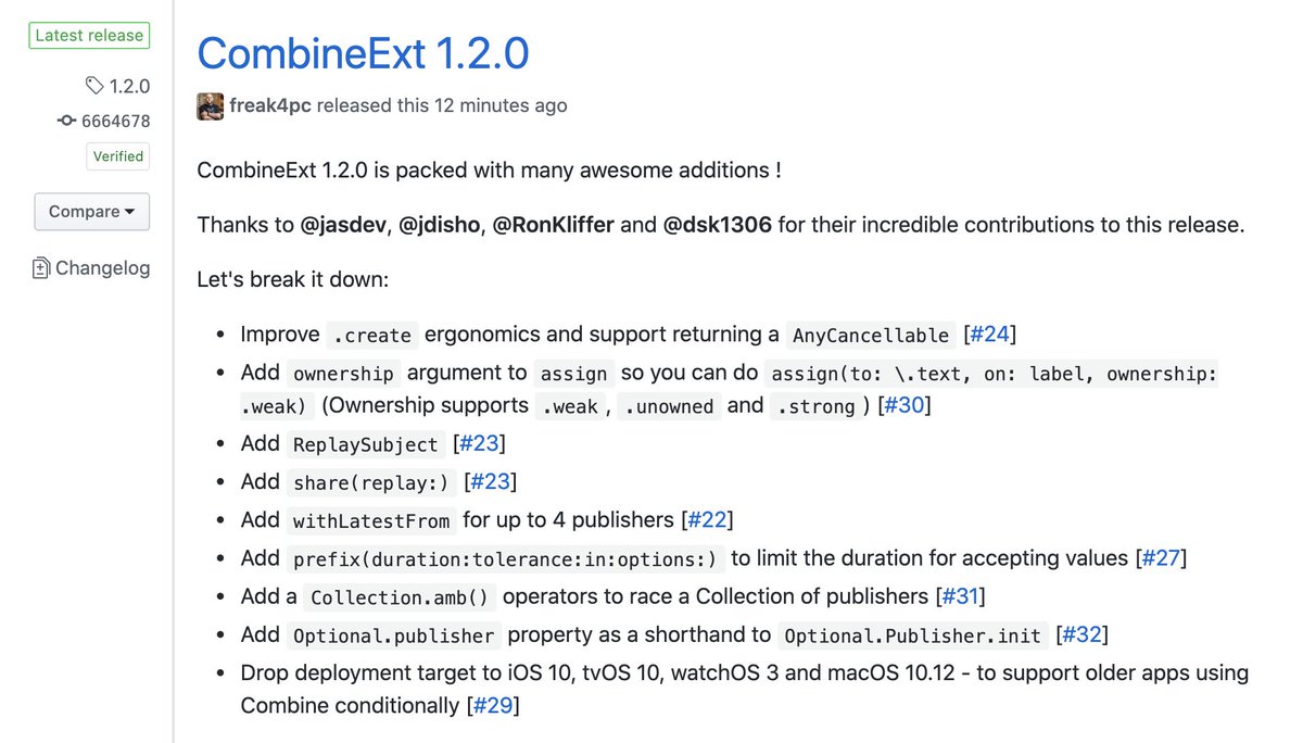 freak4pc's tweet photo. 📣🚜 Super packed release of CombineExt is now out - 1.2.0!
Thanks to @jasdev, @_disho, @ronksa, @ohayon and Dmitry Kuzentsov for their tremendous help in this release.
https://t.co/Uafy7n5P9L
#AppleCombine #Swift #iOS #iOSDev #iOSDevelopment #OpenSouce #OSS https://t.co/pKhXKd0tfk