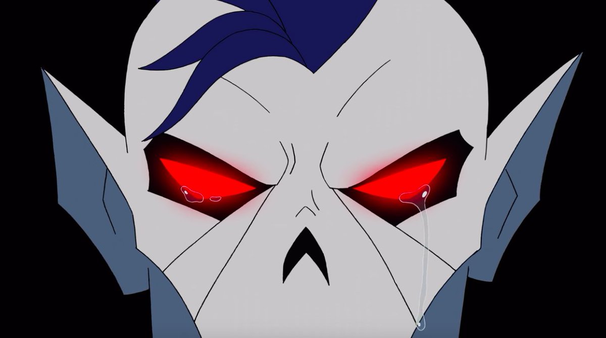 Hordak BLUSHES when is caught off-guard by Imp, saying Entrapta's name out loud. He CRIES when he finds out she didn't betray him and has been sent to Beast Island, and that she's probably dead.