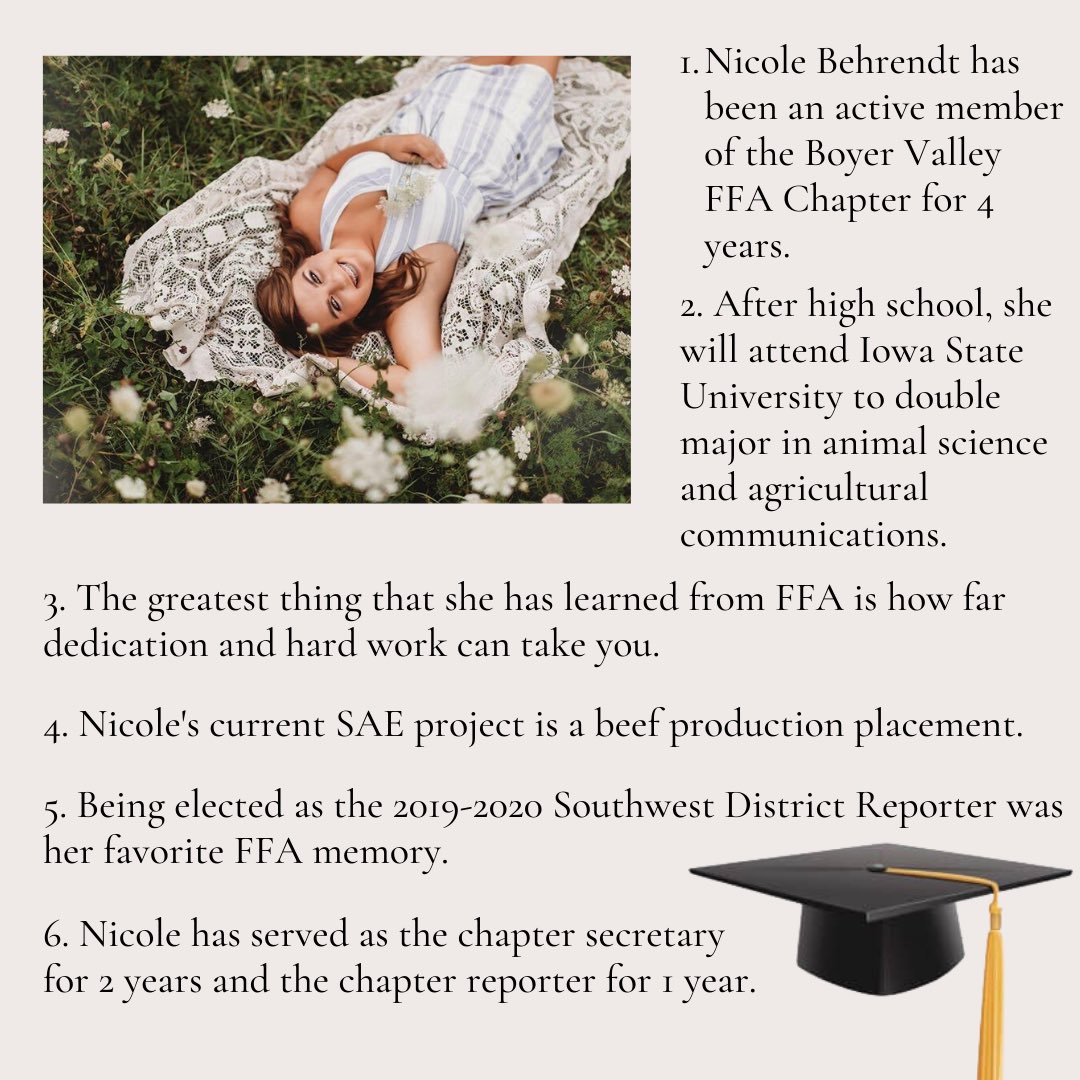 SWiaFFA's tweet photo. The fifth senior on our list to recognize is Nicole Behrendt from the Boyer Valley FFA Chapter. Congratulations Nicole and good luck in the future! https://t.co/Ry9FnVrn8A