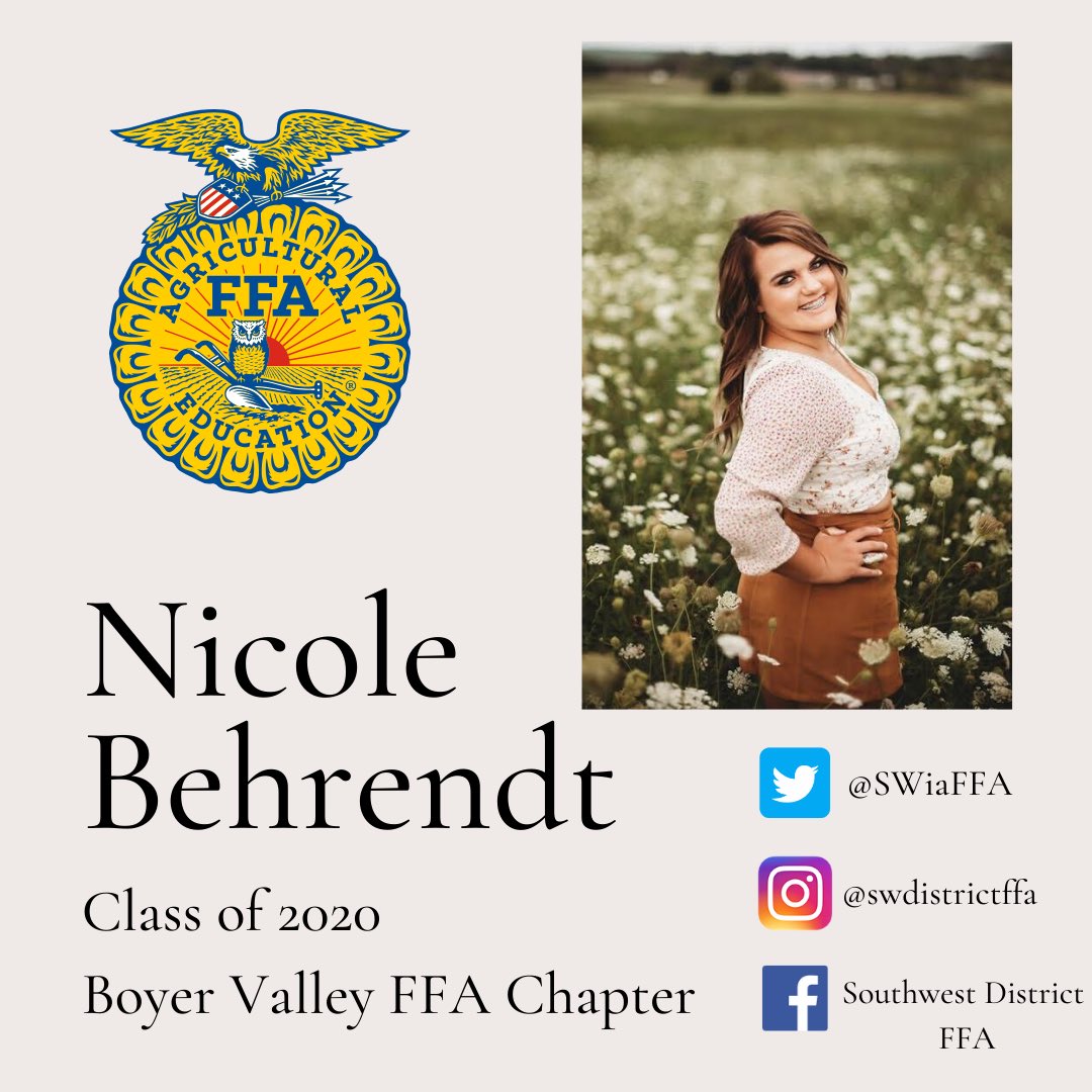SWiaFFA's tweet photo. The fifth senior on our list to recognize is Nicole Behrendt from the Boyer Valley FFA Chapter. Congratulations Nicole and good luck in the future! https://t.co/Ry9FnVrn8A