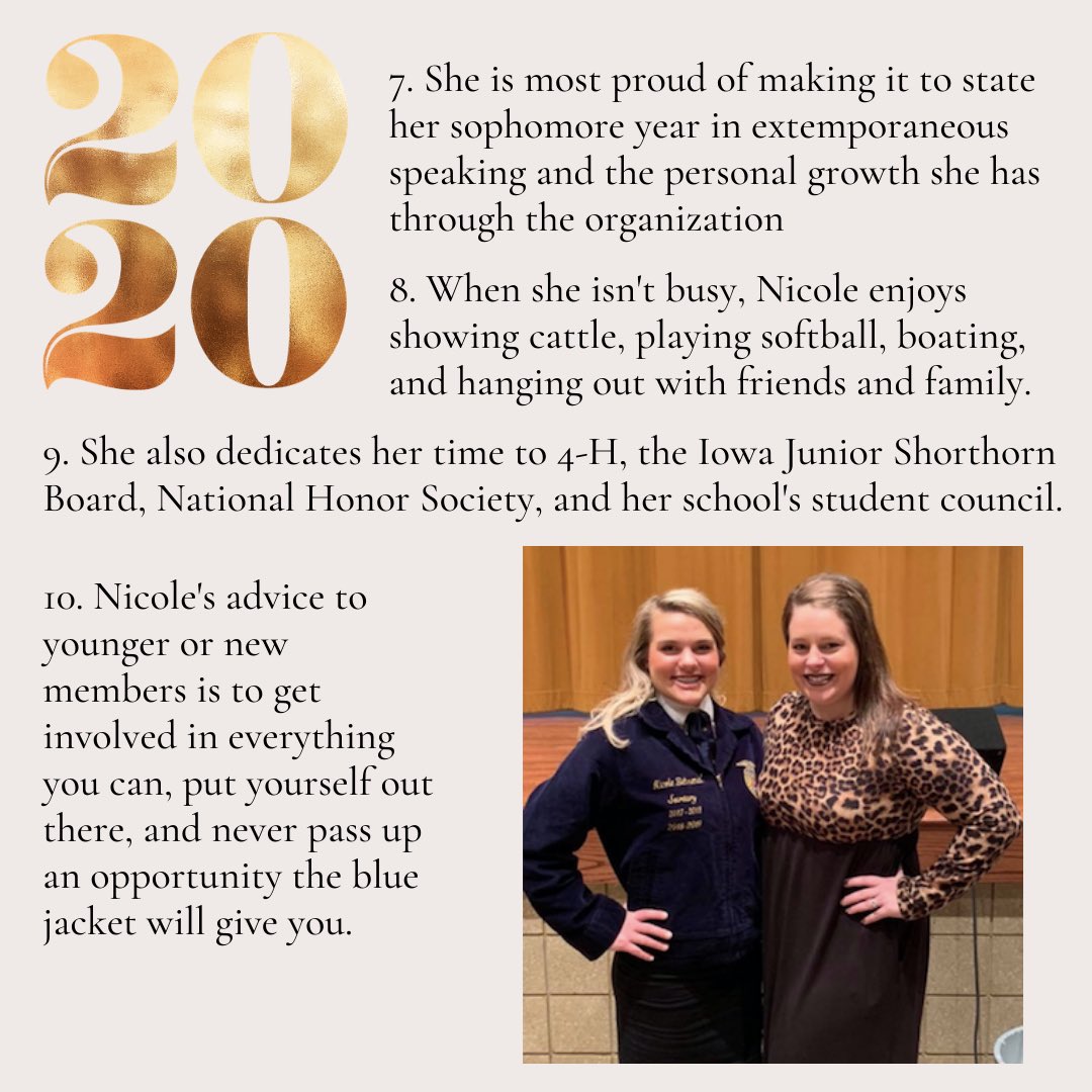 The fifth senior on our list to recognize is Nicole Behrendt from the Boyer Valley FFA Chapter. Congratulations Nicole and good luck in the future!