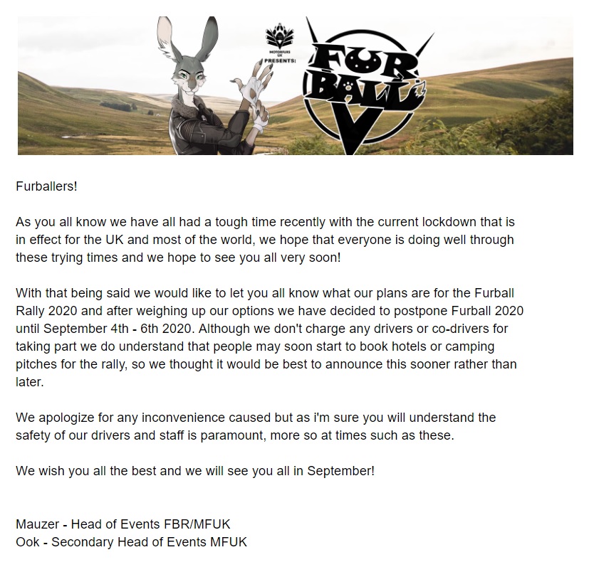 Small statement from us regarding recent events, with this being announced we will be pushing back our registration deadline to the 14th August 2020 at 2000hrs, stay tuned for more updates coming soon!🌈🐾🏎️ #FurballRally2020 #Covid19UK