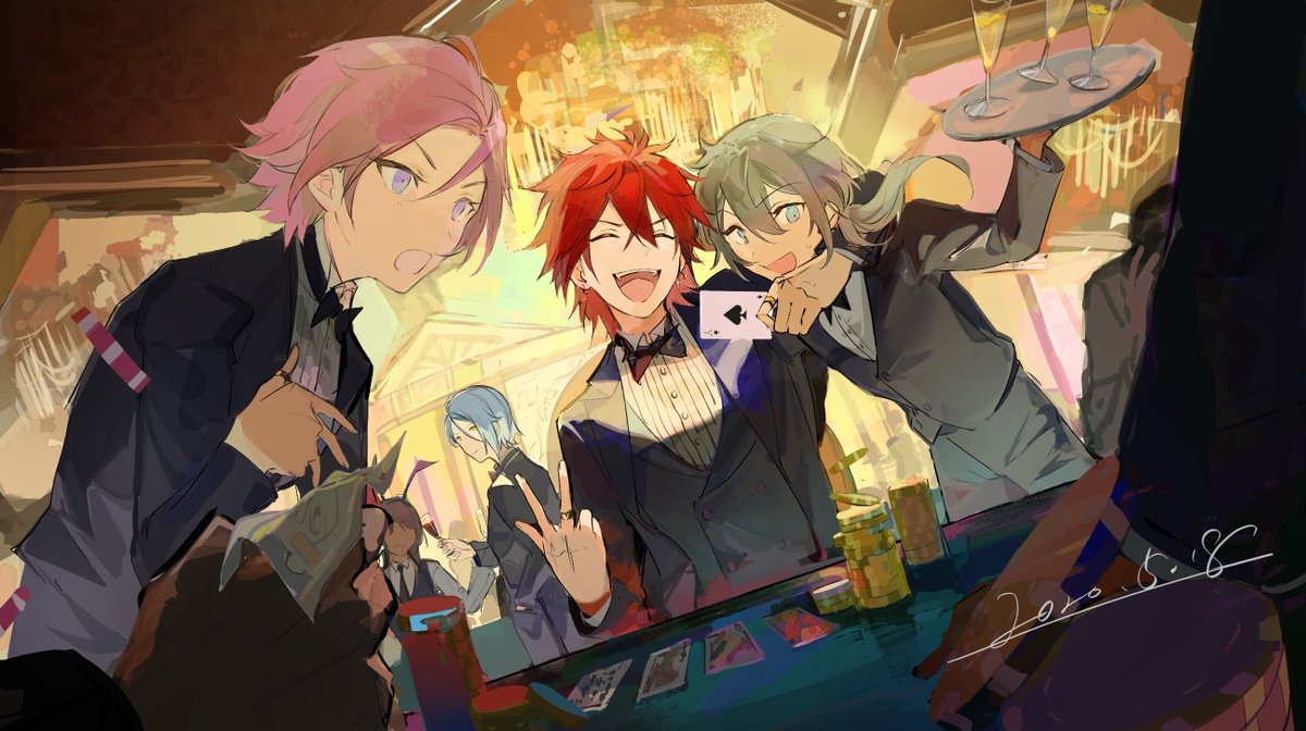multiple boys red hair male focus pink hair closed eyes tray smile  illustration images