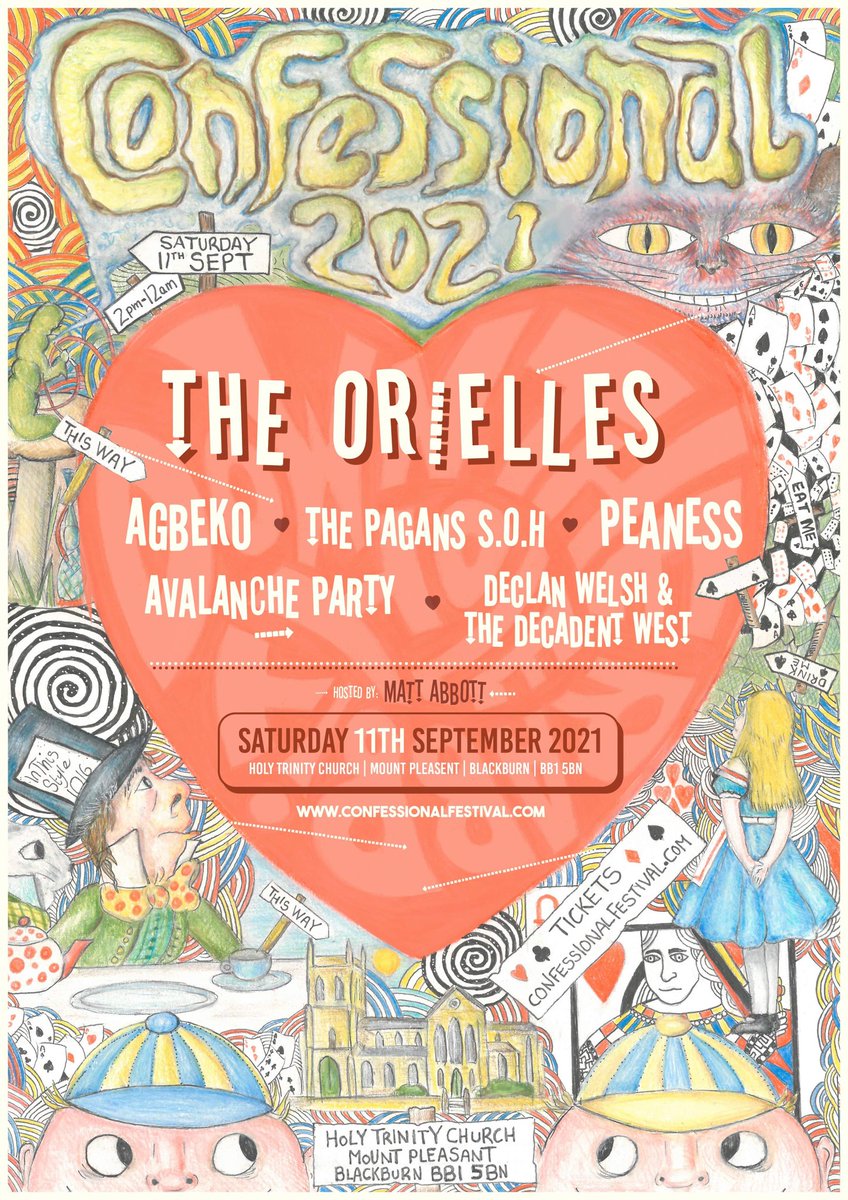 ConfessionalFes's tweet photo. ⭐ LINE UP ANNOUNCEMENT ⭐  @TheOrielles / @weareagbeko / @the_pagans / @PeanessBand /  @avalanche_party / @DeclanWelsh / @MattAbbottPoet are joining us 'Down The Rabbit Hole' next year at @ConfessionalFes with more superb acts to be announced 🐰🌈⛪️✨ #Confessional21 https://t.co/txZ5EISjFd