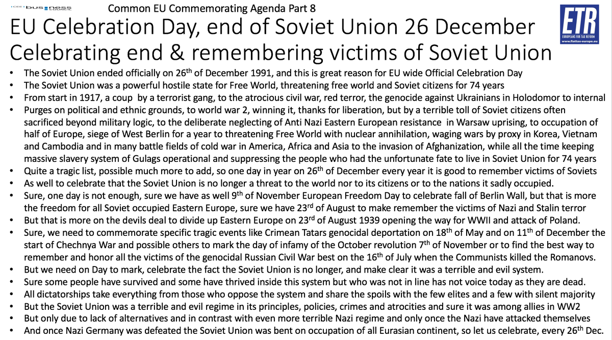 GunterFehlinger's tweet photo. #ETR is developing #EuropeanNarrative central is to celebrate the end of #SovietUnion each 26th of December as official EU Celebration of end of Soviet Union and commemorating all victims of Soviet Union in the sad 74 years of existence. @vonderleyen @ManfredWeber @CiolosDacian https://t.co/ihTf2O6VK4